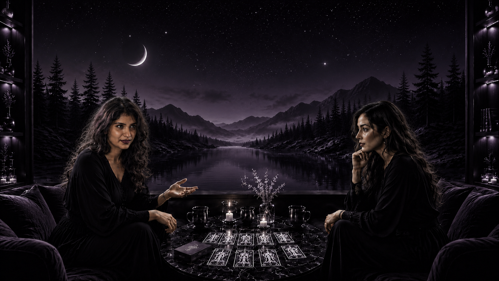 A tarot and spiritual guidance conversation in a celestial crystal sanctuary
